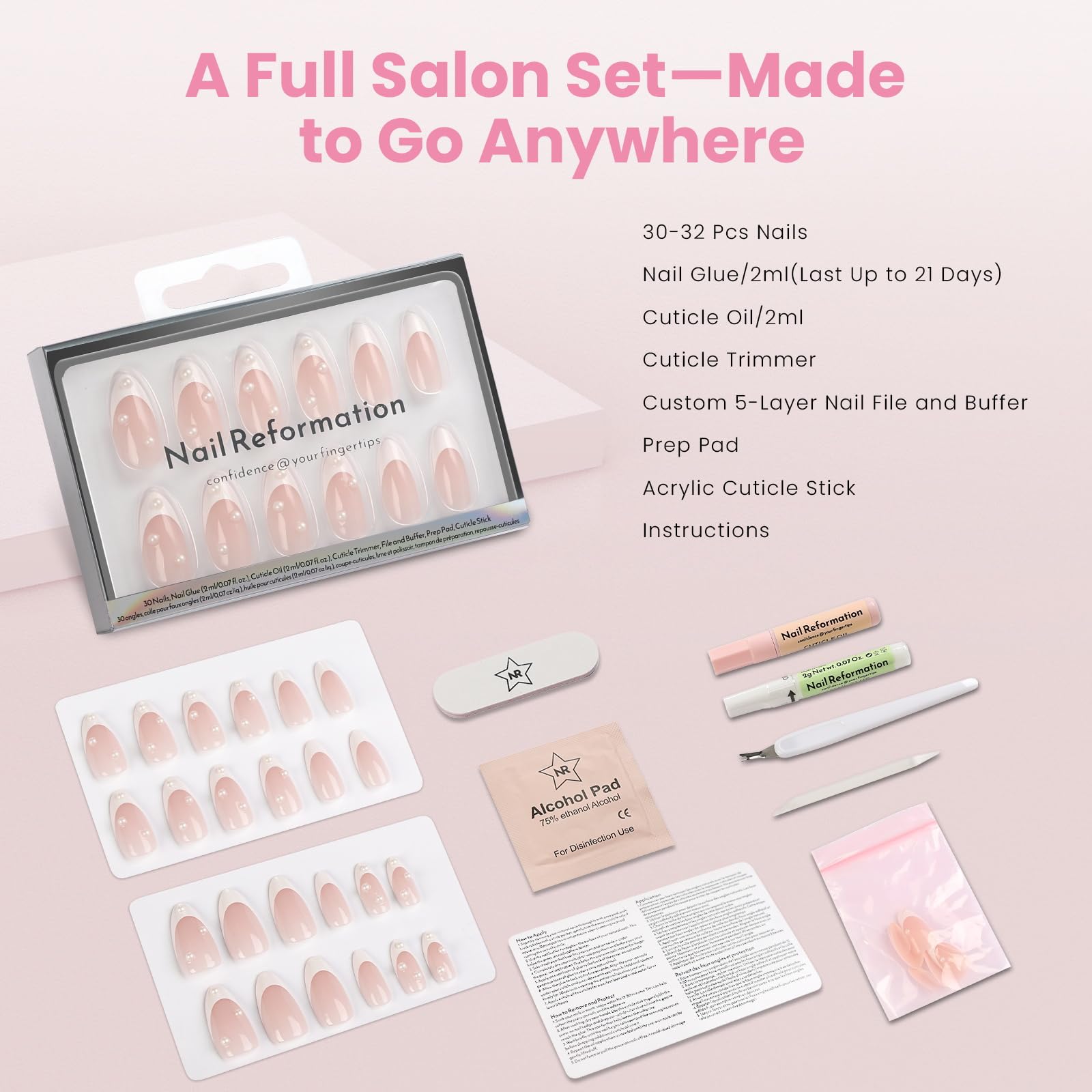 Nail Reformation Almond Press On Nails – French Pearl Medium, UV Finish, Reusable Kit