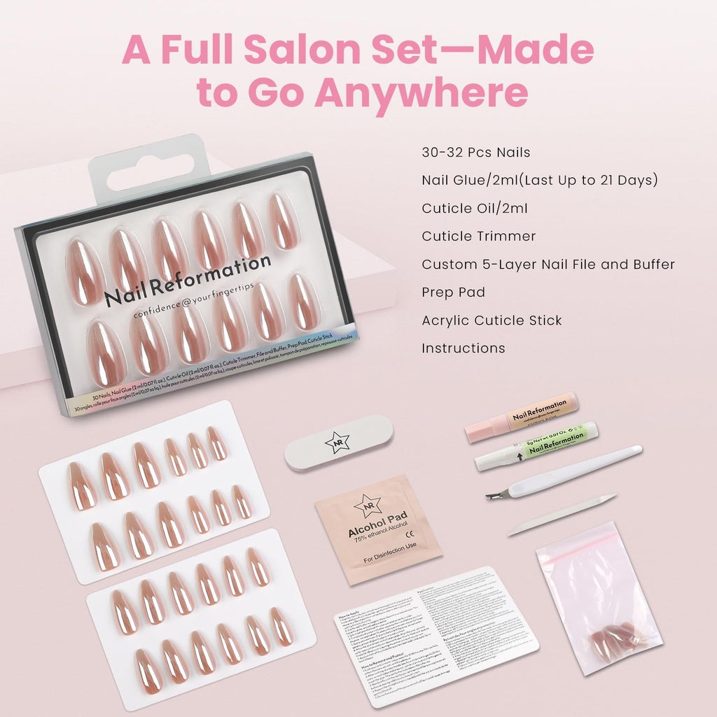 Nail Reformation Almond Rose Gold Press-On Nails – UV Finish, Reusable