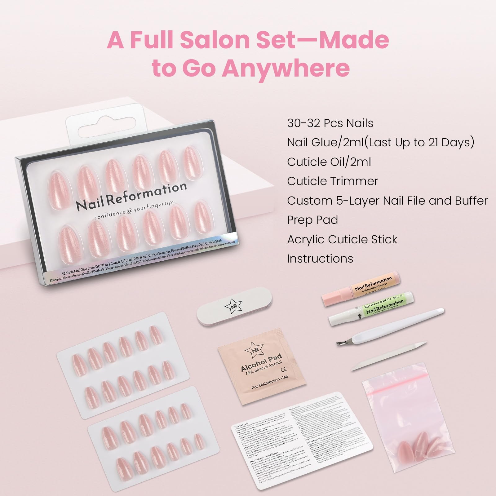 Nail Reformation Cat Eye Press On Nails – Short Almond, Glitter Nude Pink, UV Finish, 32 Tips in 16 Sizes