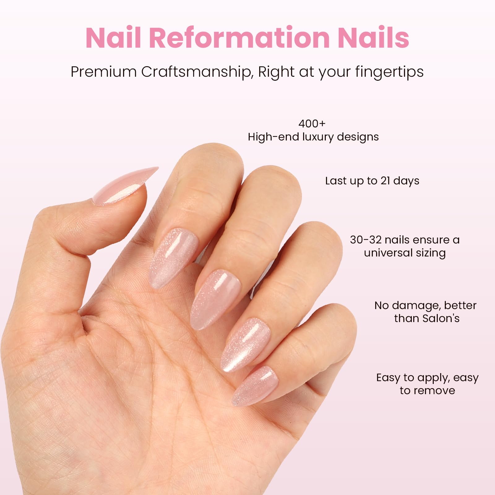 Nail Reformation Cat Eye Press On Nails – Short Almond, Glitter Nude Pink, UV Finish, 32 Tips in 16 Sizes
