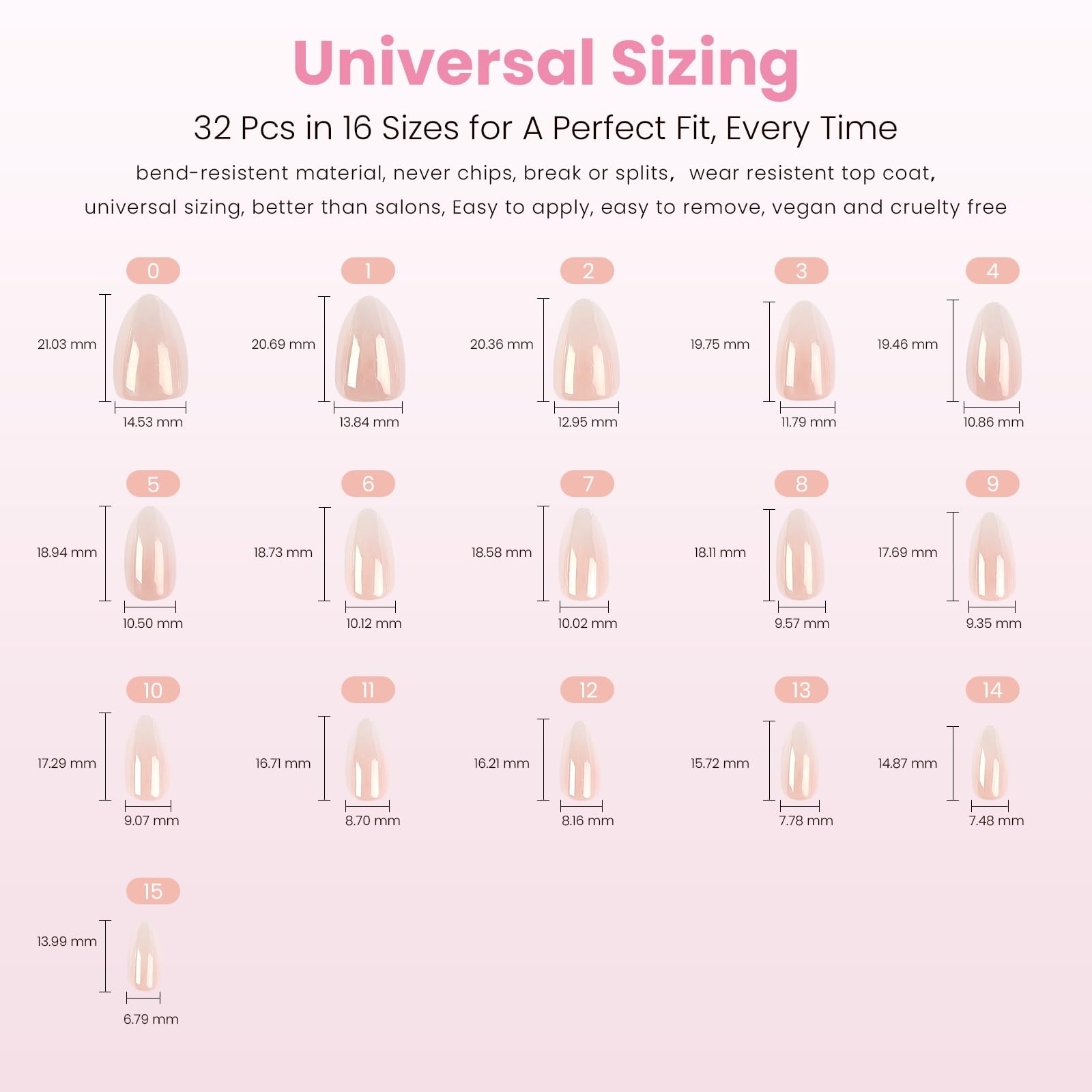 Nail Reformation Almond Nails – Pink Ombre Press On, UV Finish, 32 Tips, 16 Sizes