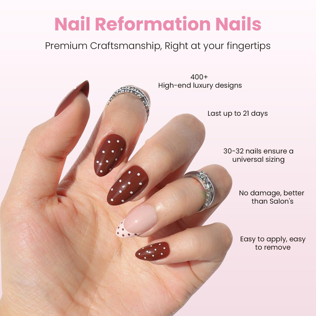 Nail Reformation Polka Dot Press On Nails – Almond Shape, UV Finish, 32 Tips, 16 Sizes