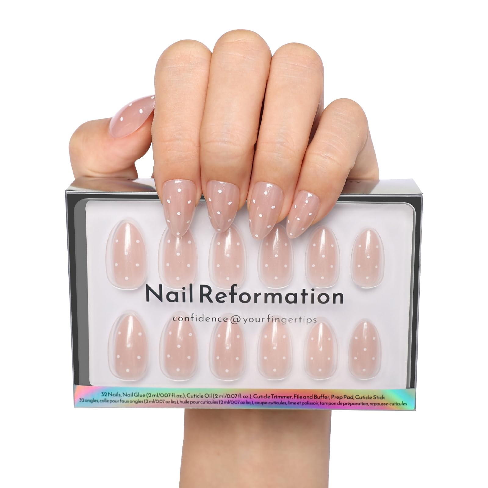 Nail Reformation Polka Dot Press On Nails – Almond, Short Pink with White Dots, UV Finish, 32 Tips (16 Sizes)