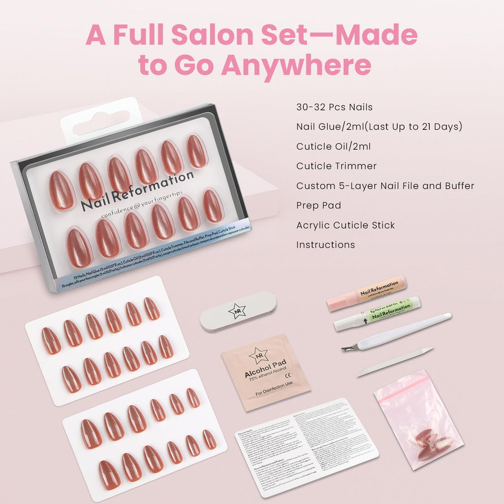 Nail Reformation Short Almond Cat Eye Press-On Nails – UV Finish, Reusable Kit, 32 Tips, 16 Sizes