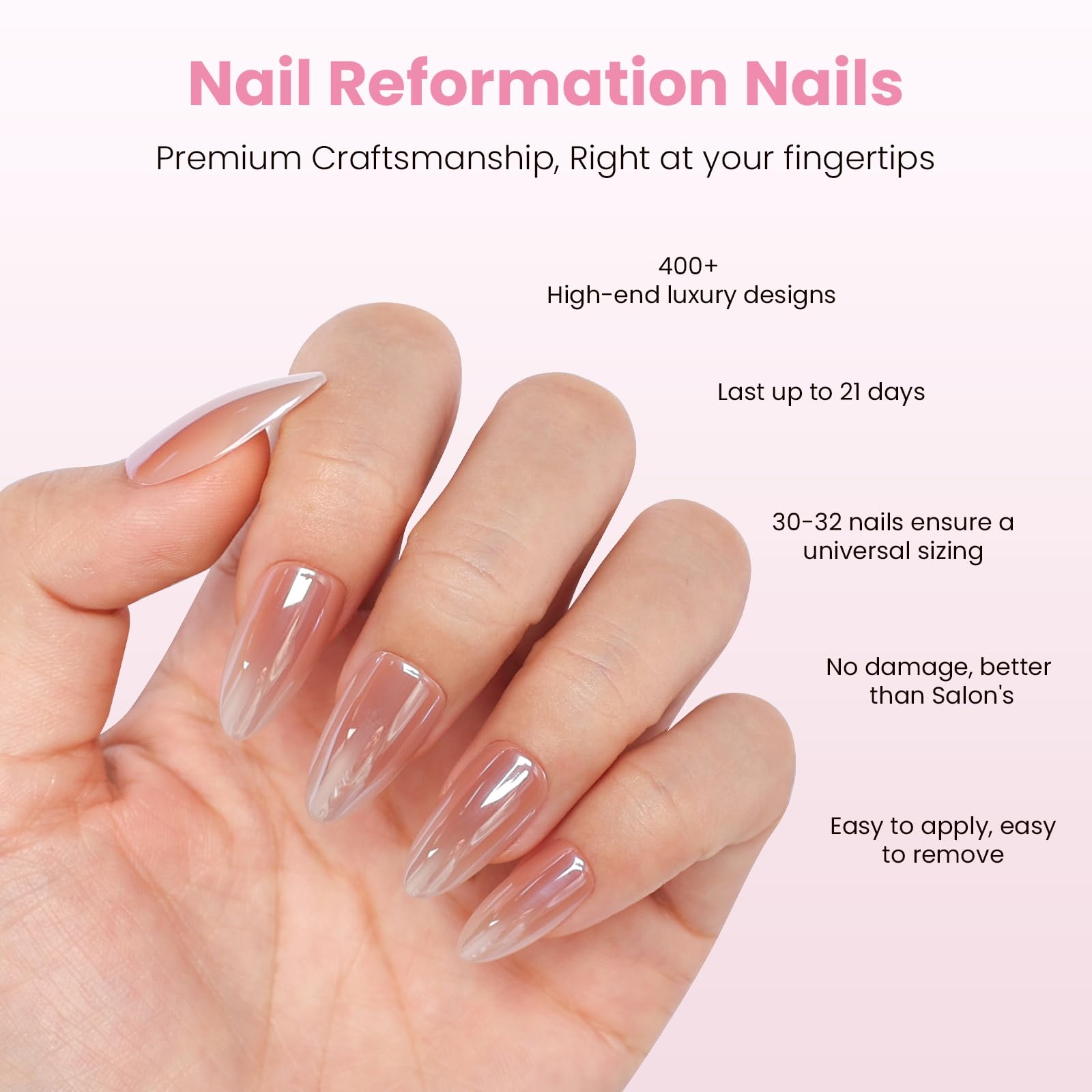 Nail Reformation Almond Rose Gold Press-On Nails – UV Finish, Reusable