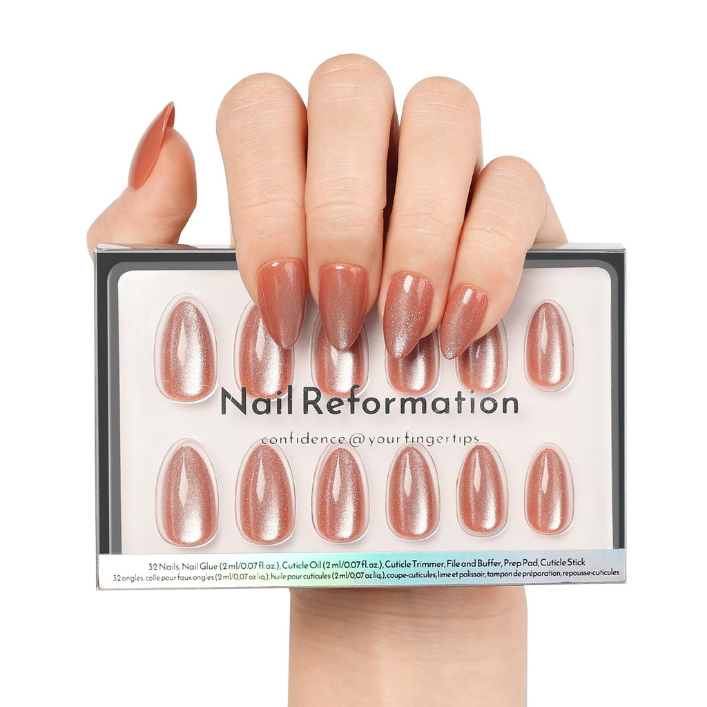 Nail Reformation Short Almond Cat Eye Press-On Nails – UV Finish, Reusable Kit, 32 Tips, 16 Sizes
