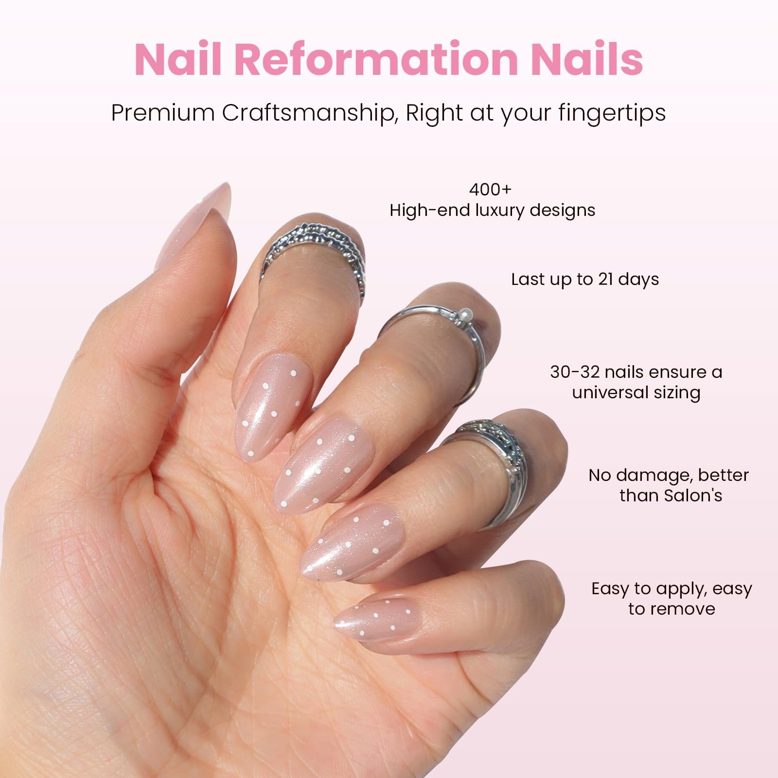 Nail Reformation Polka Dot Press On Nails – Almond, Short Pink with White Dots, UV Finish, 32 Tips (16 Sizes)