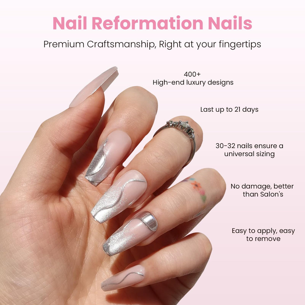 Nail Reformation Press-On Nails Coffin – Glitter Silver Accents, Pink Long Tips, UV Finish, 30 Tips in 15 Sizes + Glue