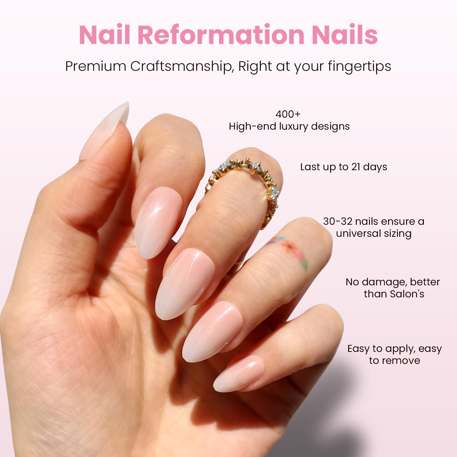 Nail Reformation Almond Nails – Pink Ombre Press On, UV Finish, 32 Tips, 16 Sizes