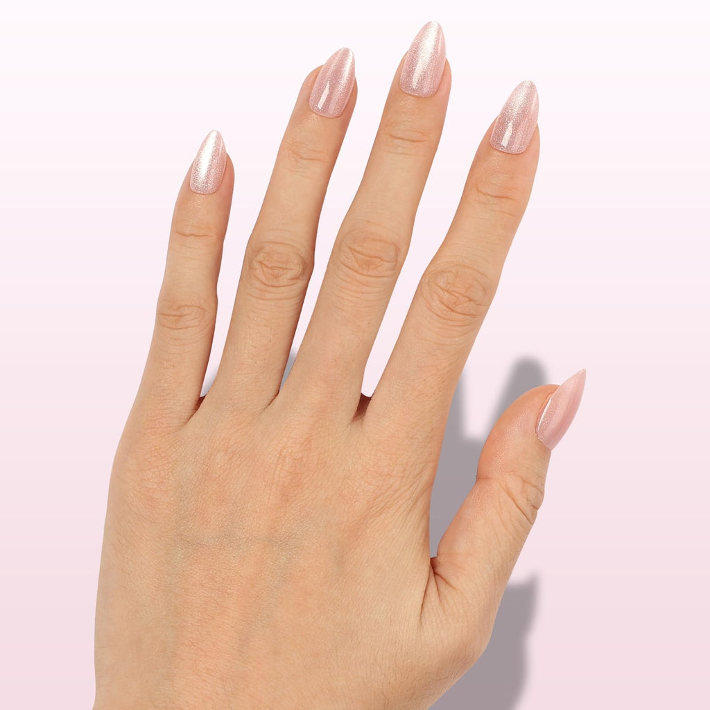 Nail Reformation Cat Eye Press On Nails – Short Almond, Glitter Nude Pink, UV Finish, 32 Tips in 16 Sizes