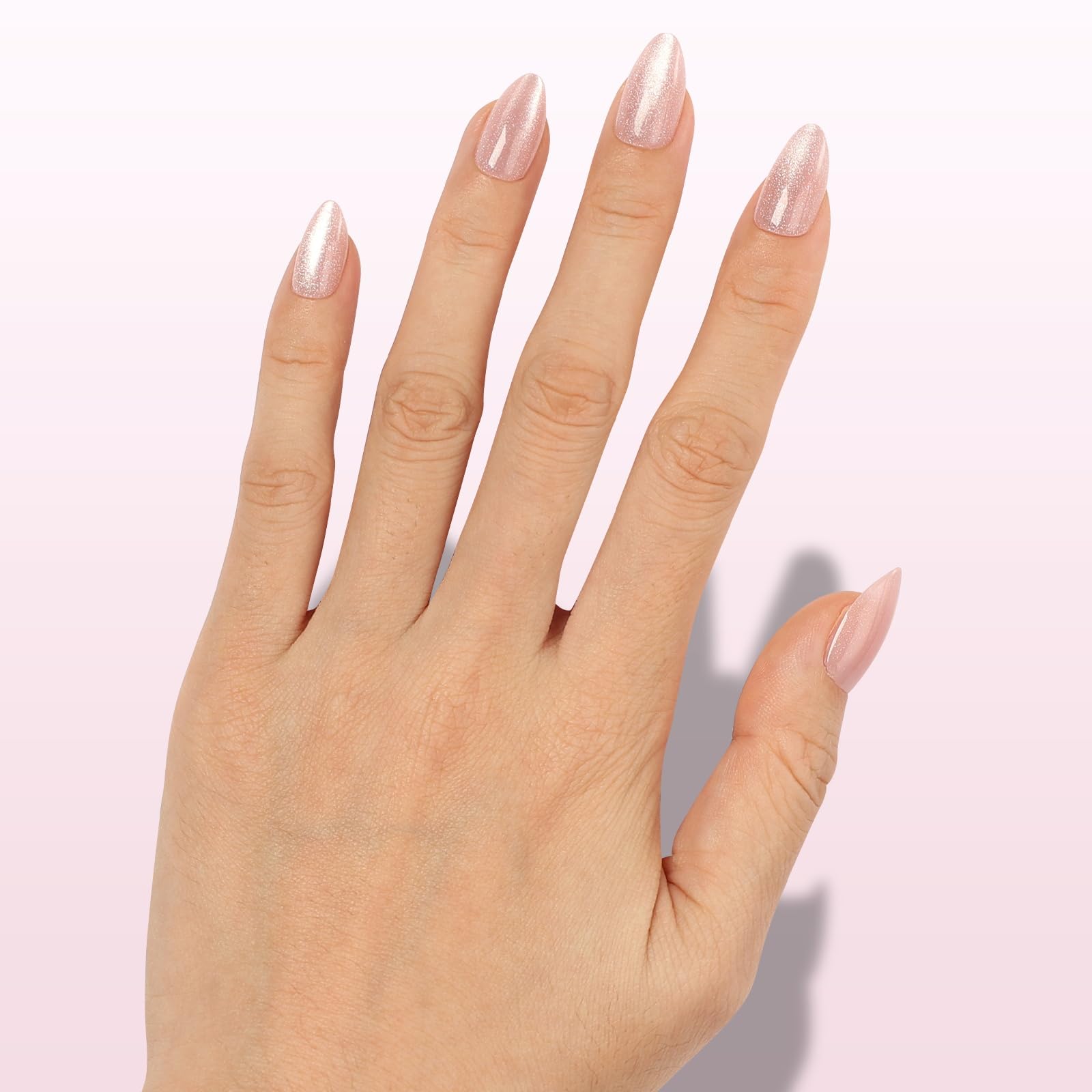 Nail Reformation Cat Eye Press On Nails – Short Almond, Glitter Nude Pink, UV Finish, 32 Tips in 16 Sizes