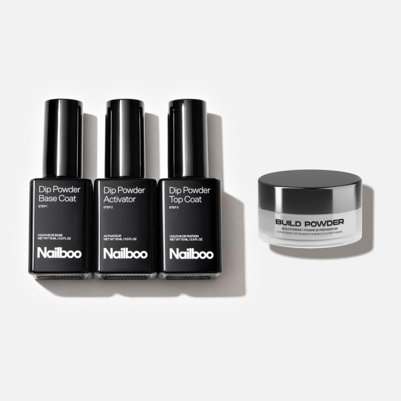 Nailboo Dip Powder Nail Kit Bundle - Base Coat, Activator, Top Coat & Build Powder - 4-Piece Premium Set