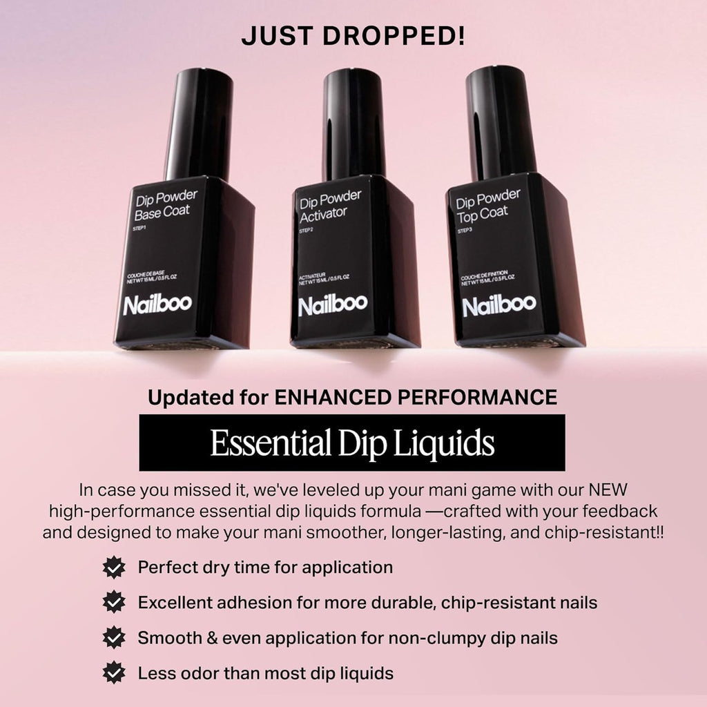 Nailboo Dip Powder Nail Kit Bundle - Base Coat, Activator, Top Coat & Build Powder - 4-Piece Premium Set