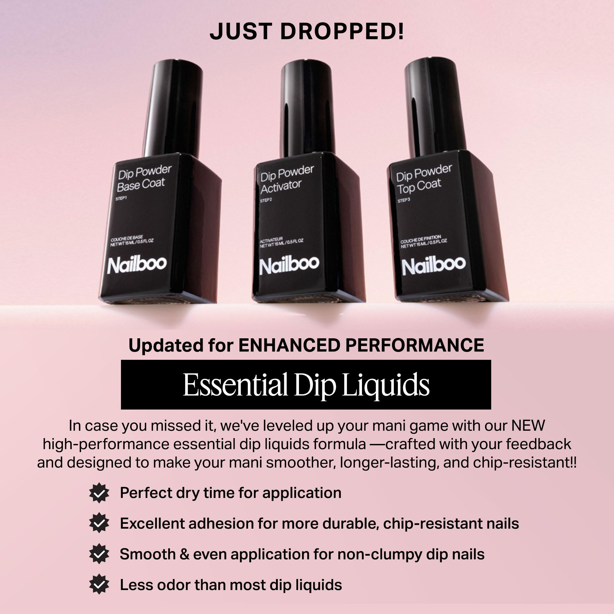 Nailboo Dip Powder Liquid Set with Base Coat, Activator & Top Coat – No UV Lamp Needed (3 Pack)