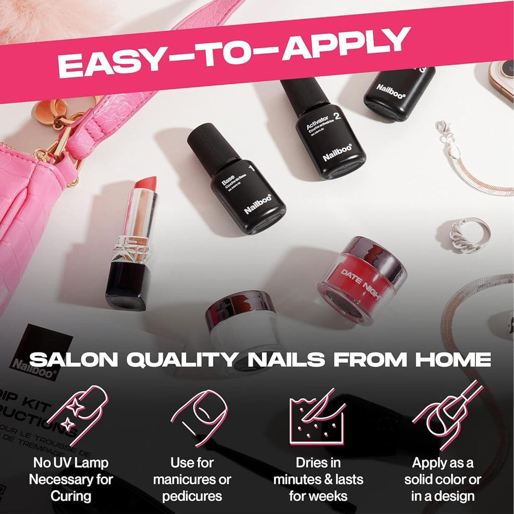 Nailboo Dip Powder Nail Kit Bundle - Base Coat, Activator, Top Coat & Build Powder - 4-Piece Premium Set
