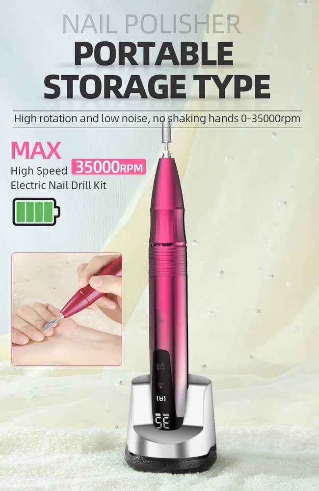 35000 RPM Wireless Nail Drill for Home Use – Rechargeable Cordless E-File (Red)