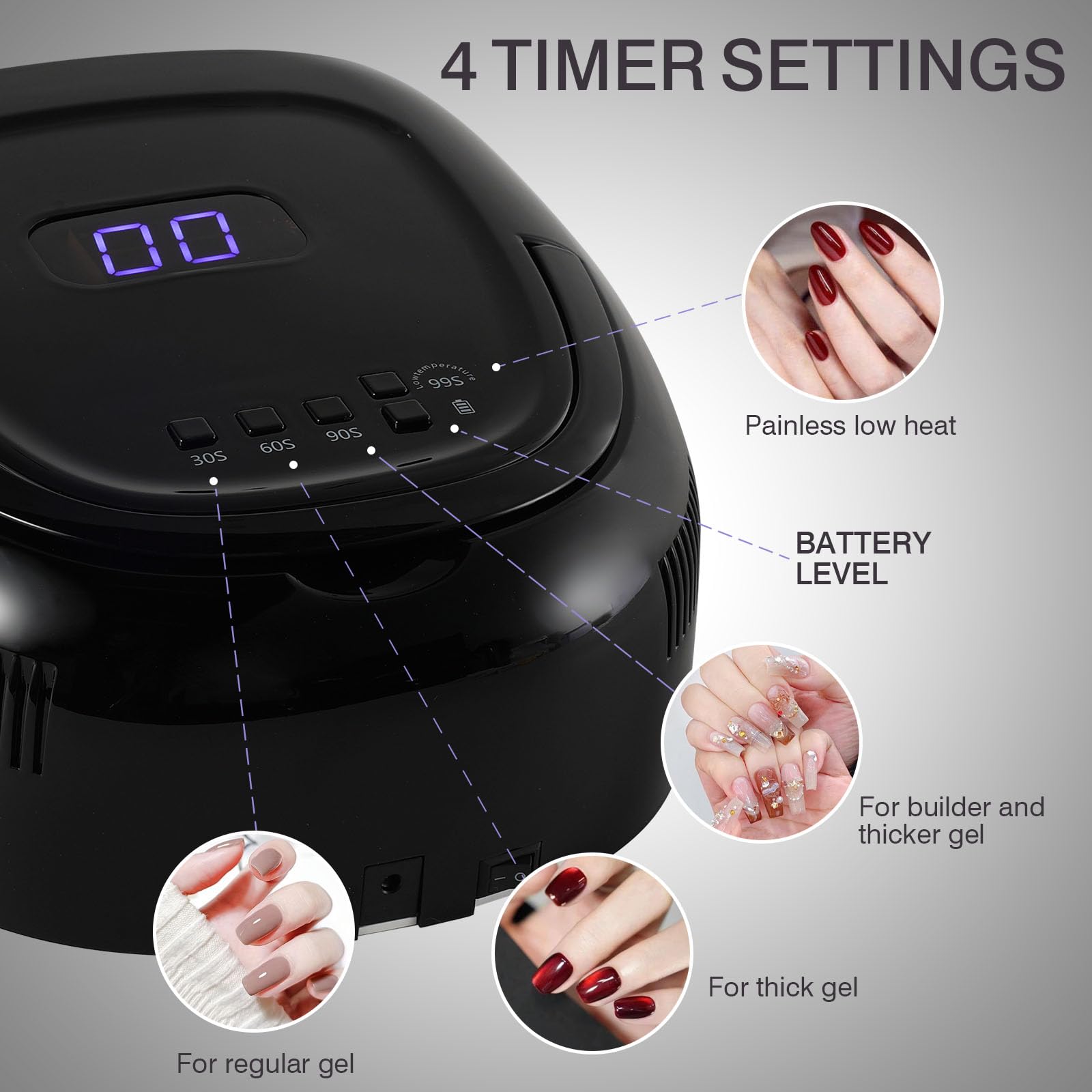 NailFace Cordless 60W UV LED Nail Lamp – Rechargeable Gel Dryer, Auto Sensor (Black)