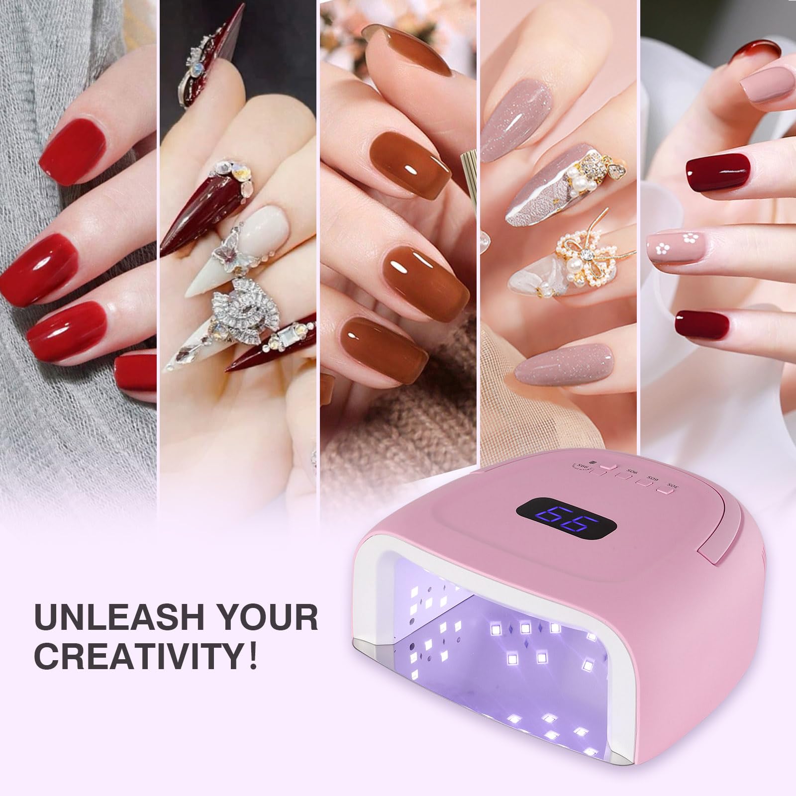 NailFace Cordless 60W UV LED Nail Lamp – Auto Sensor, 4 Timers, Pink