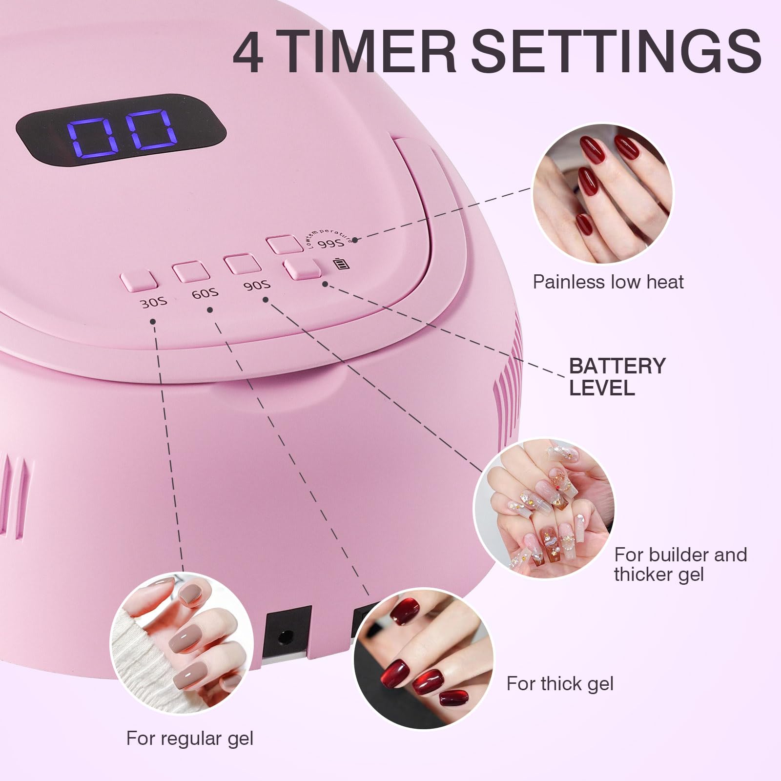 NailFace Cordless 60W UV LED Nail Lamp – Auto Sensor, 4 Timers, Pink