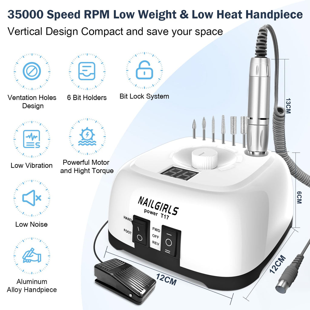 NAILGIRLS Electric Nail Drill 35000RPM – Professional Nail Efile with Foot Pedal, LCD Display for Salon or Home