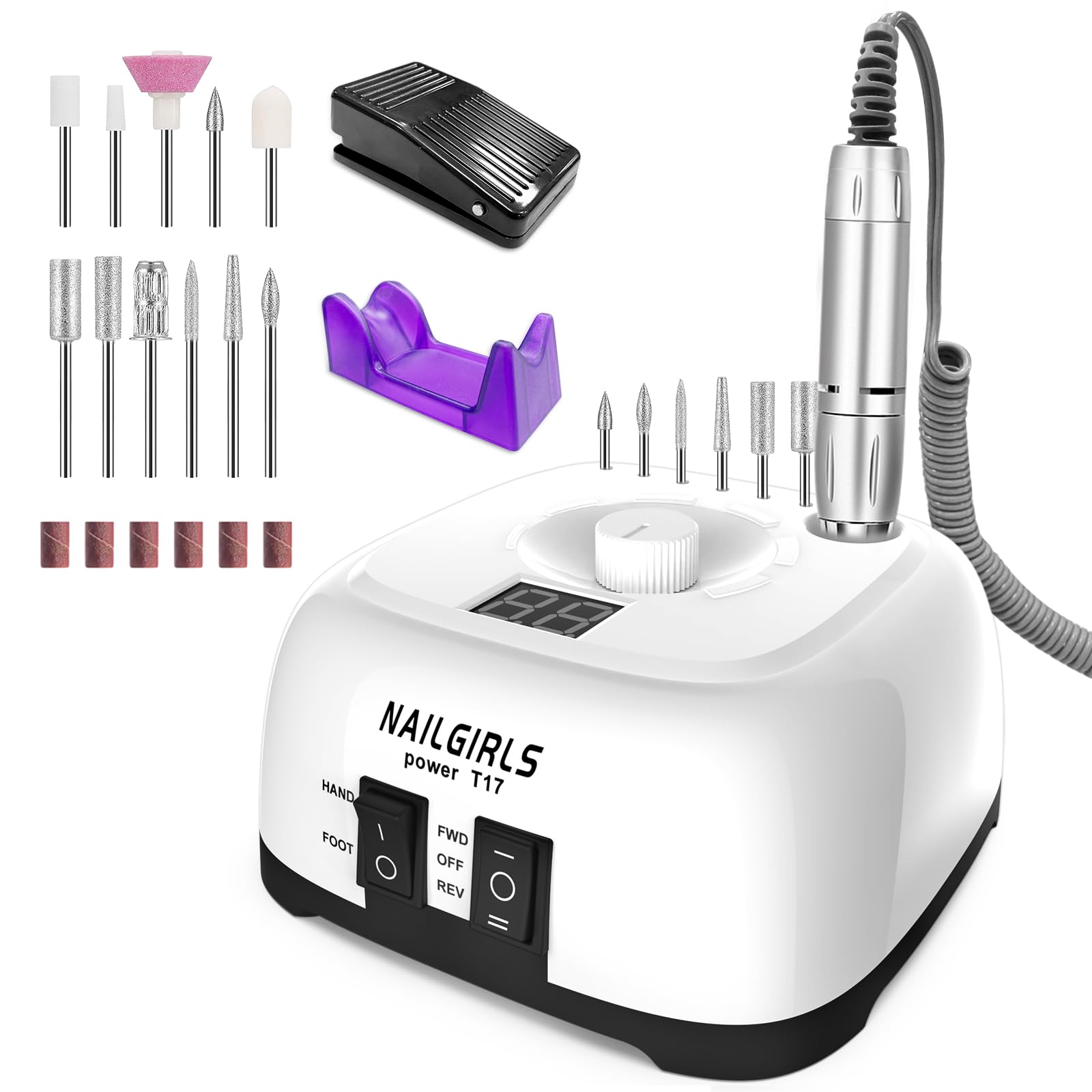 NAILGIRLS Electric Nail Drill 35000RPM – Professional Nail Efile with Foot Pedal, LCD Display for Salon or Home