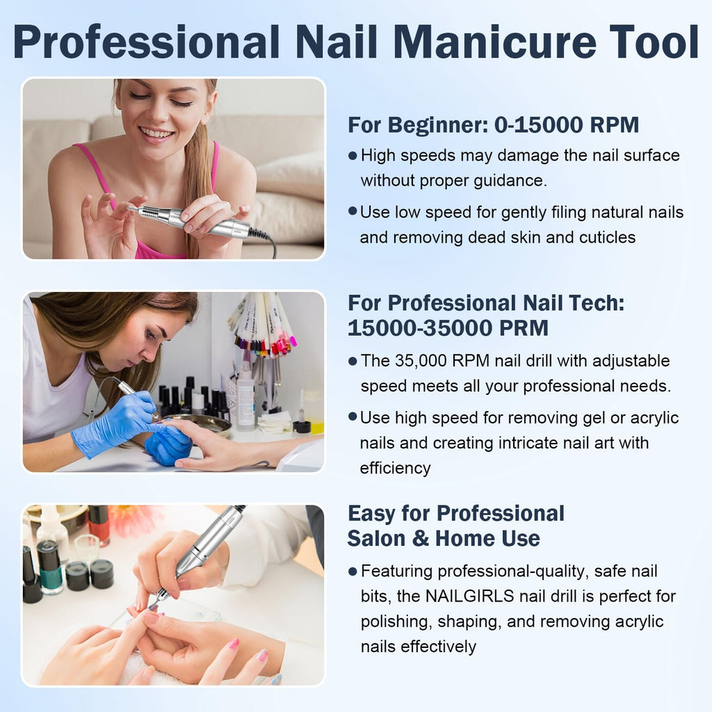 NAILGIRLS Electric Nail Drill 35000RPM – Professional Nail Efile with Foot Pedal, LCD Display for Salon or Home