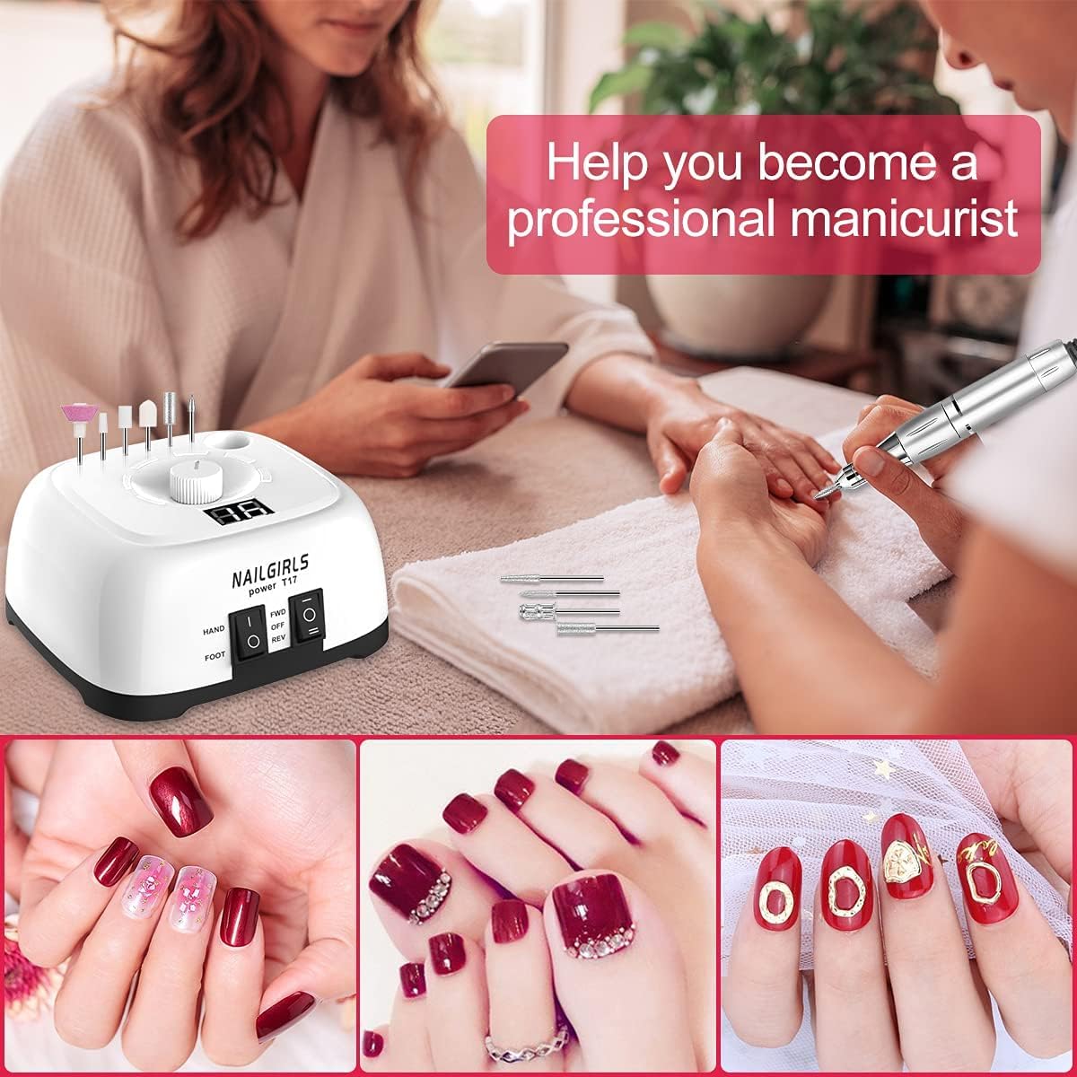 NAILGIRLS Electric Nail Drill 35000RPM – Professional Nail Efile with Foot Pedal, LCD Display for Salon or Home