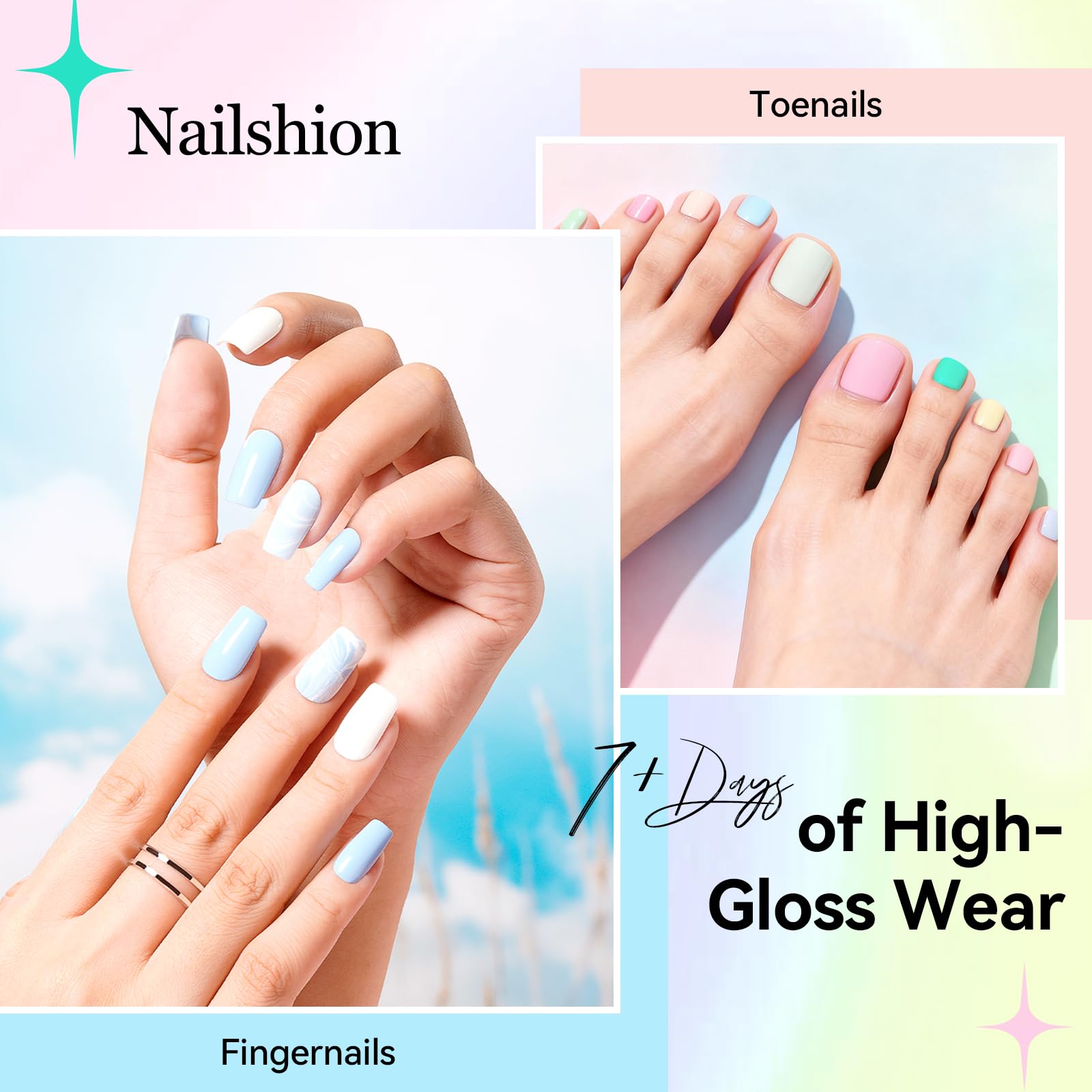 Nailshion Pastel Nail Polish Set - 16 Colors with Base & Top Coat, Remover Pads | Vegan, Air-Dry DIY Kit