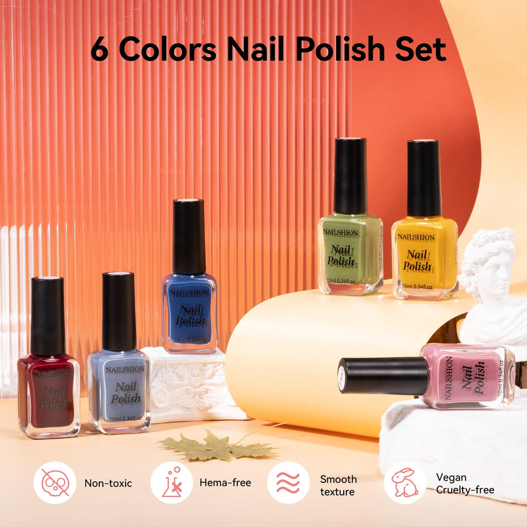 Nailshion Nail Polish Set – 6 Non-Gel Colors, Quick Air Dry, Vegan & HEMA-Free