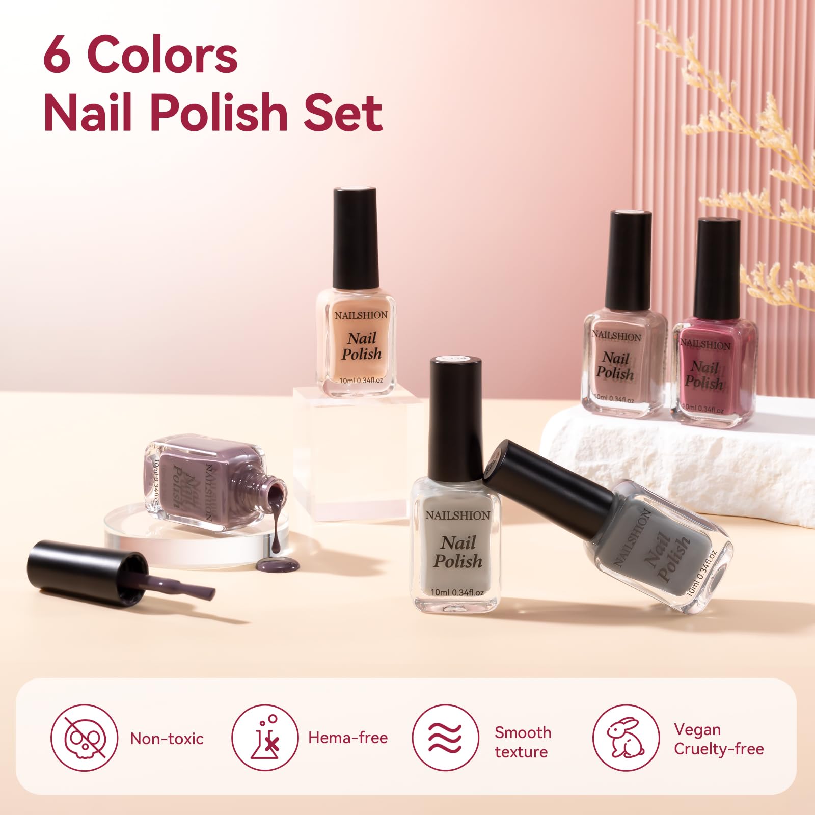 Nailshion Nude Grays Nail Polish Set – 6 Neutral Shades, Fast Air Dry, Vegan & Non-Toxic