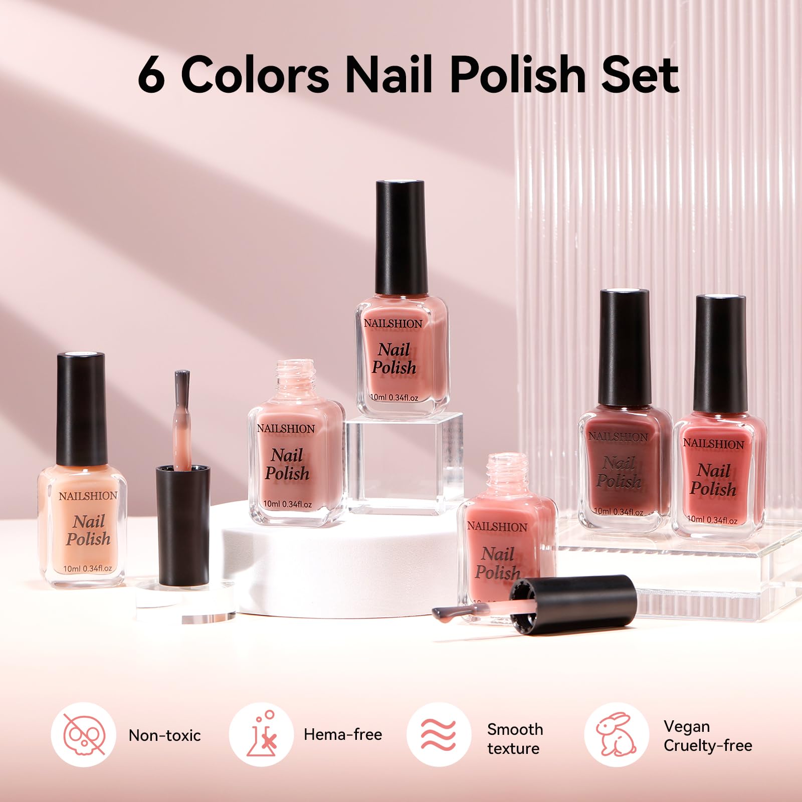 Nailshion Nude Nail Polish Set – 6 Neutral Shades, Quick-Dry, Non-Toxic, Castor Oil + Vitamin E