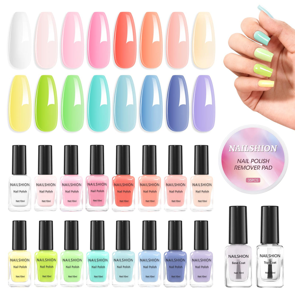 Nailshion Pastel Nail Polish Set - 16 Colors with Base & Top Coat, Remover Pads | Vegan, Air-Dry DIY Kit