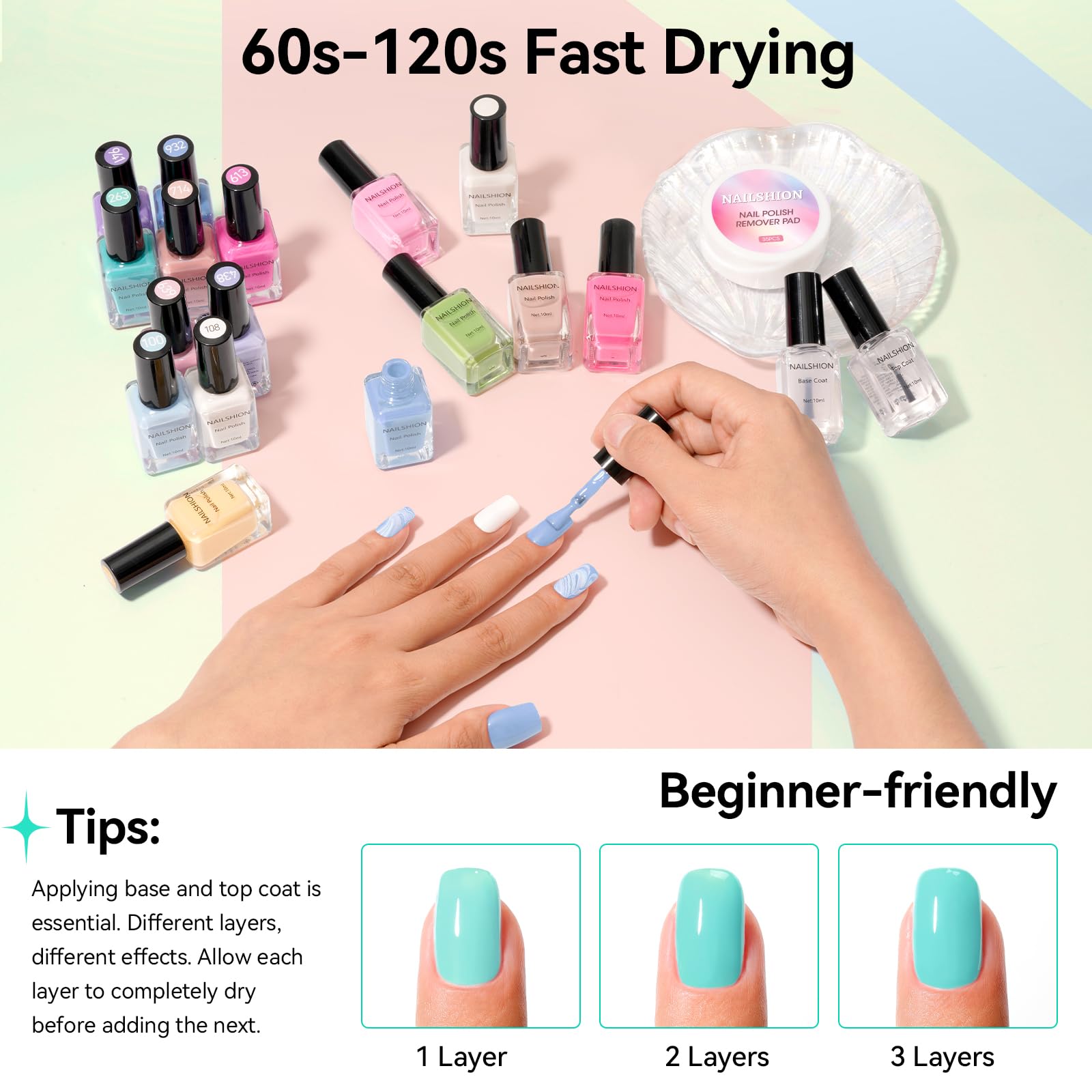 Nailshion Pastel Nail Polish Set - 16 Colors with Base & Top Coat, Remover Pads | Vegan, Air-Dry DIY Kit