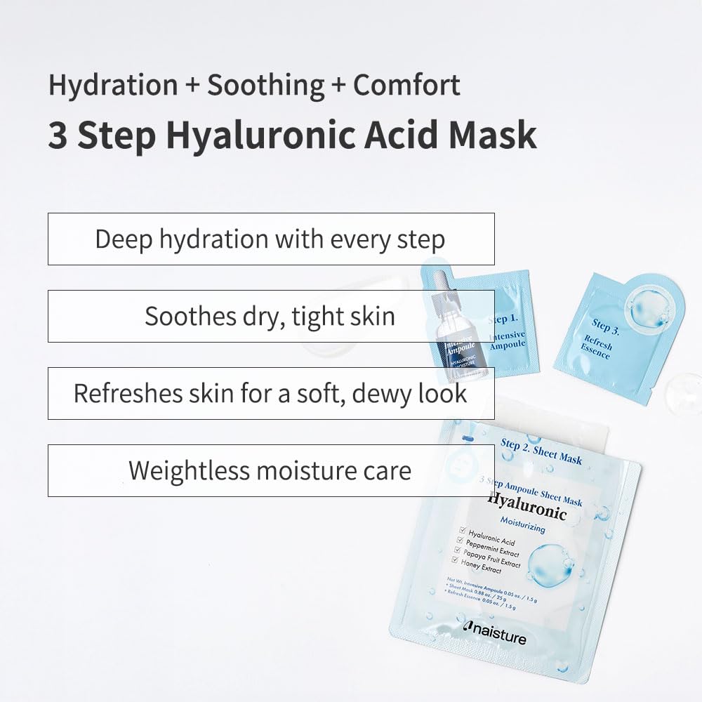 Naisture 3 Step Ampoule Hydrating Sheet Mask Set | Elasticity, Smoothing & Moisture | Korean Skincare Kit (5 pcs)