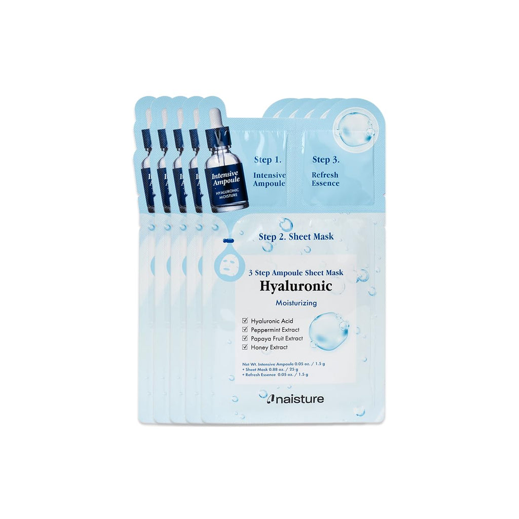 Naisture 3 Step Ampoule Hydrating Sheet Mask Set | Elasticity, Smoothing & Moisture | Korean Skincare Kit (5 pcs)