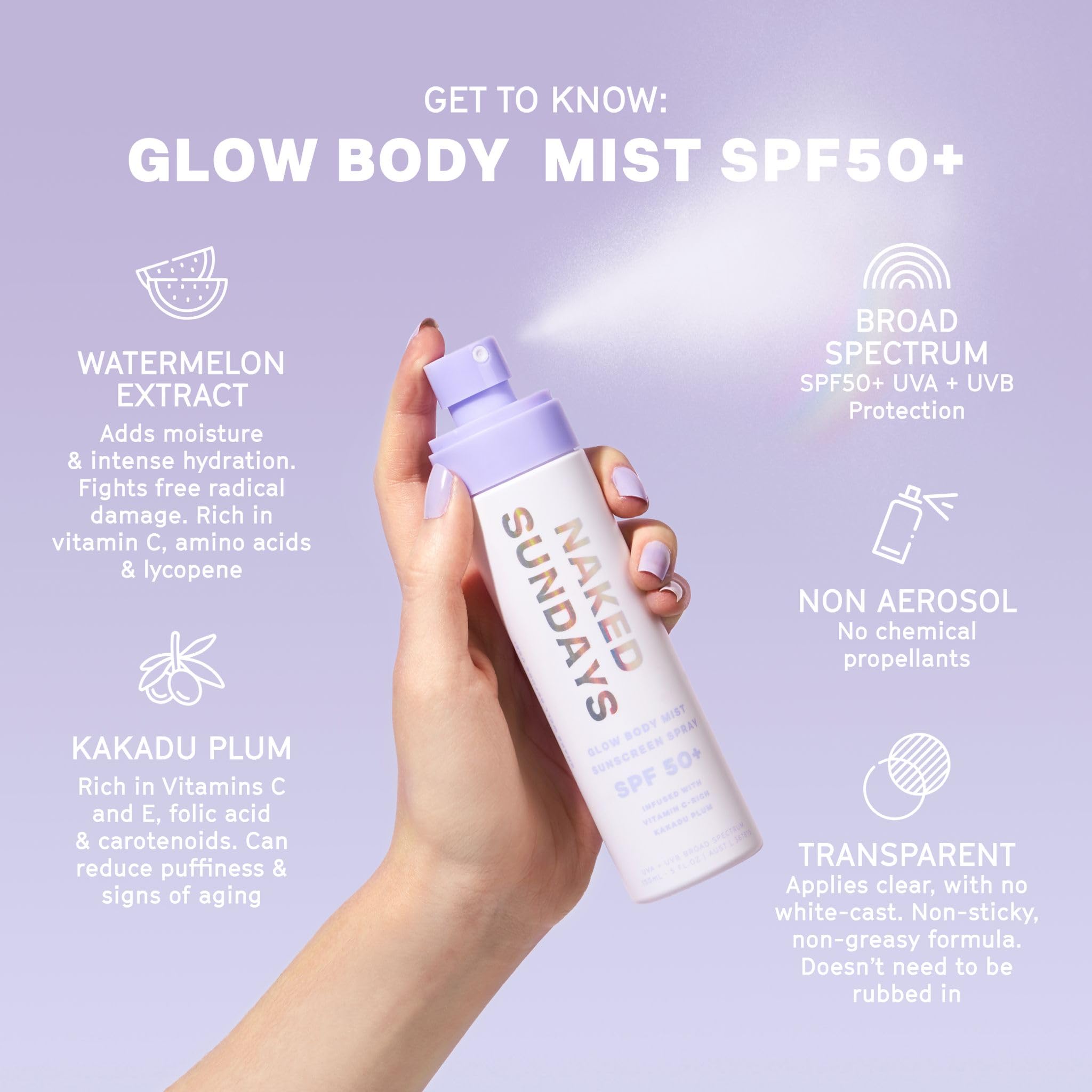 Naked Sundays SPF50+ Body Sunscreen Spray – Broad Spectrum UVA/UVB Protection, 150 ml Mist