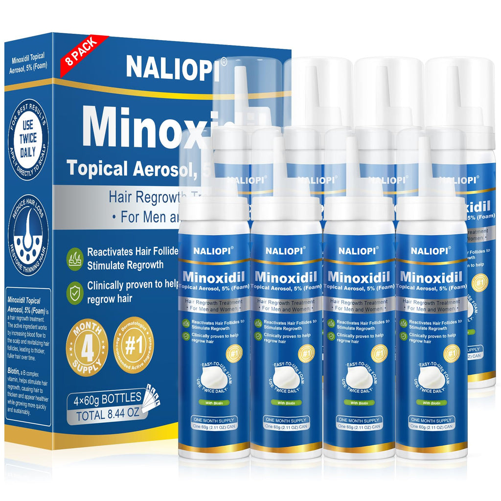 NALIOPI 8-Pack 5% Minoxidil Foam for Hair Regrowth – Biotin-Infused, Unscented, 60ml bottles (8-Month Supply)