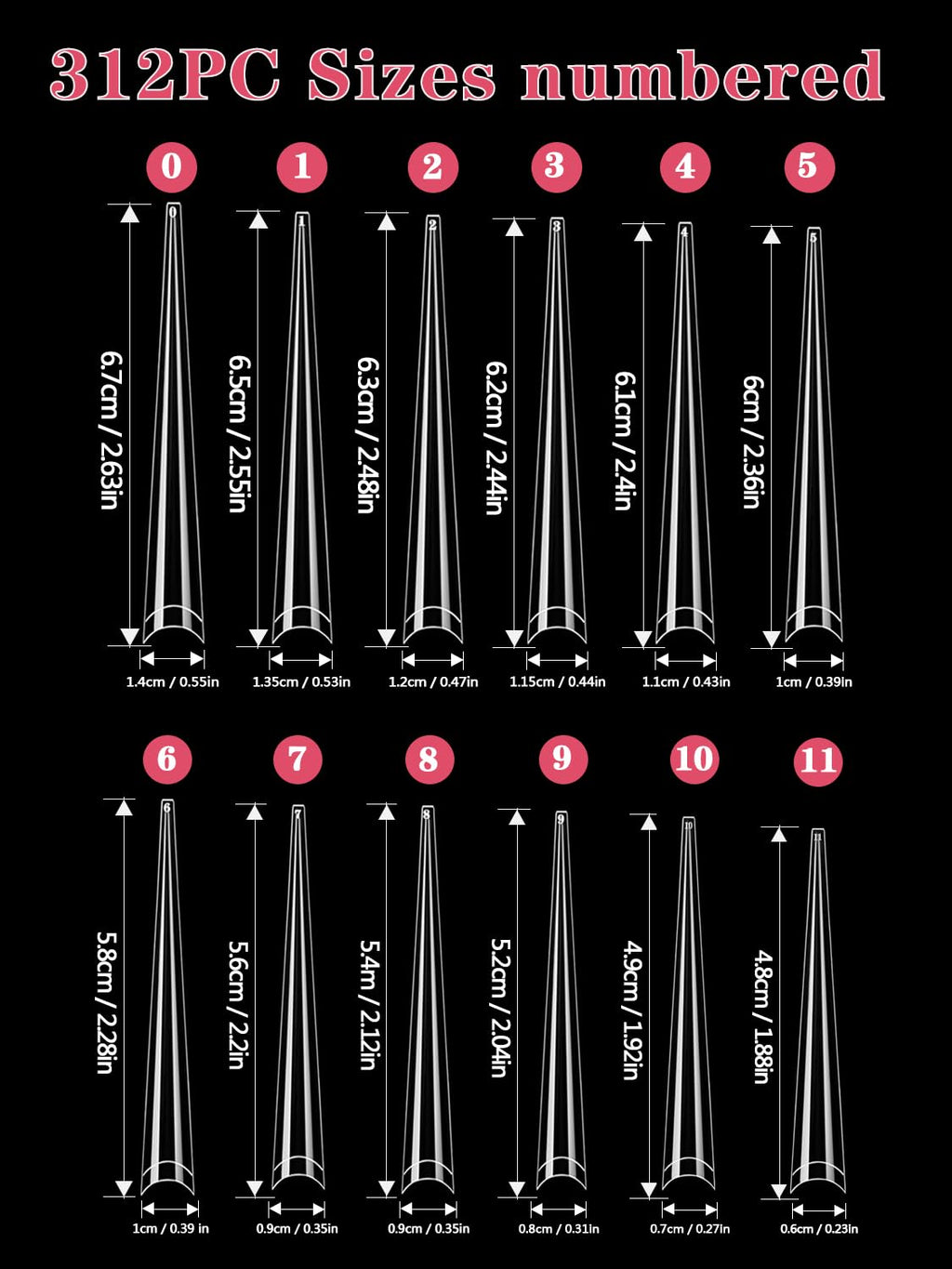 Namgznso 312Pcs Extra Long 4XL Stiletto Nail Tips – Half-Cover Clear Extensions in 12 Sizes