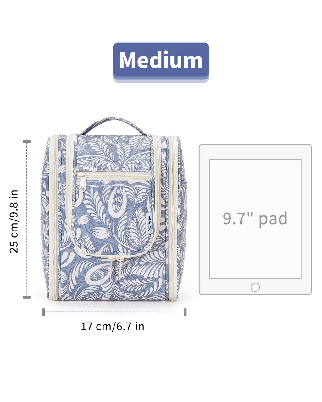 Narwey Small Hanging Toiletry Bag – Medium, Blue Leaf | Travel Makeup Organizer