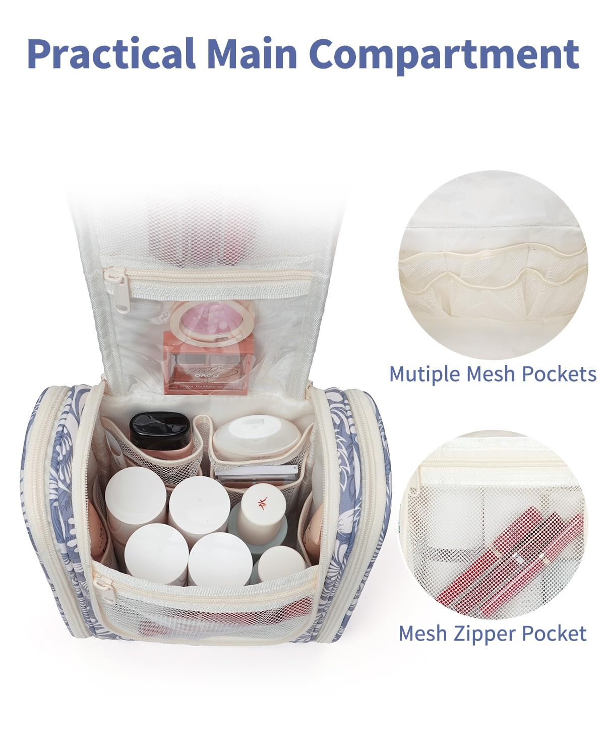 Narwey Small Hanging Toiletry Bag – Medium, Blue Leaf | Travel Makeup Organizer