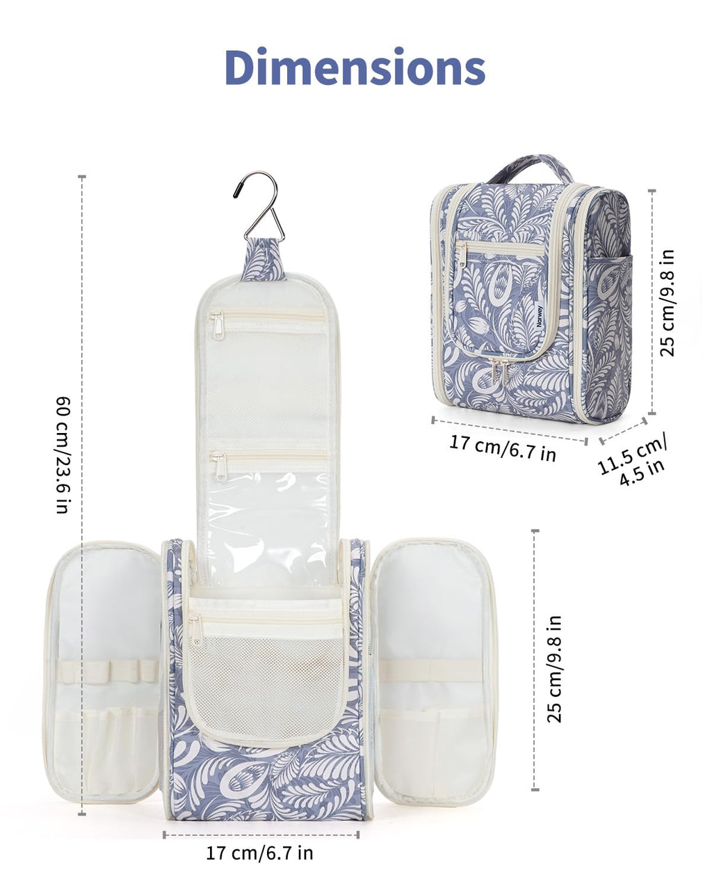 Narwey Small Hanging Toiletry Bag – Medium, Blue Leaf | Travel Makeup Organizer