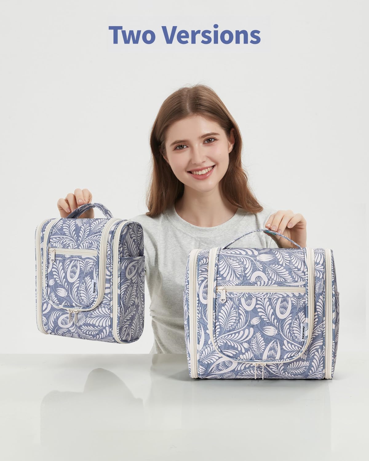 Narwey Small Hanging Toiletry Bag – Medium, Blue Leaf | Travel Makeup Organizer