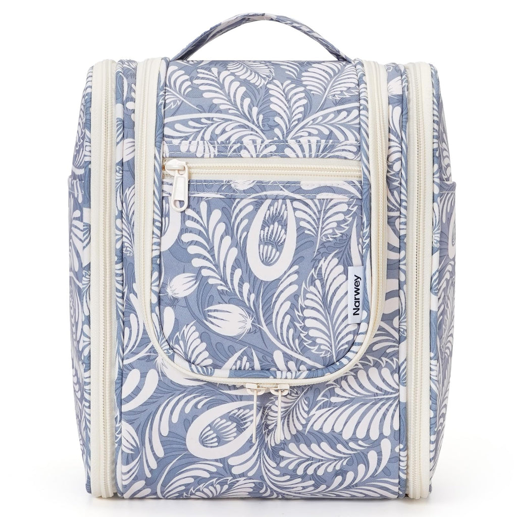 Narwey Small Hanging Toiletry Bag – Medium, Blue Leaf | Travel Makeup Organizer