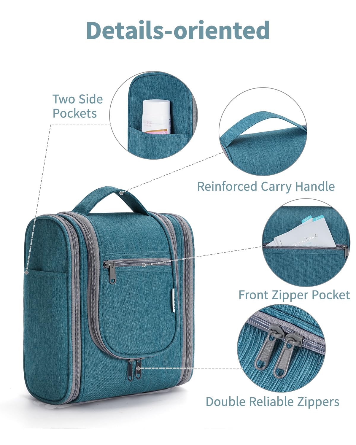 Narwey Medium Teal Hanging Travel Toiletry Bag – Compact Cosmetic Organizer for Women and Men