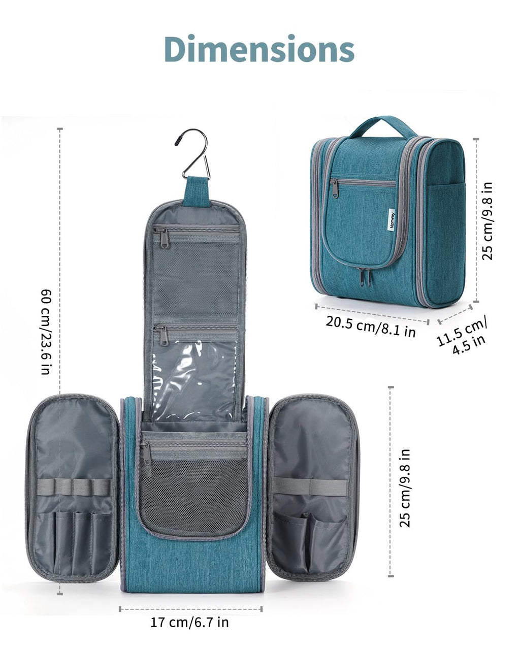 Narwey Medium Teal Hanging Travel Toiletry Bag – Compact Cosmetic Organizer for Women and Men