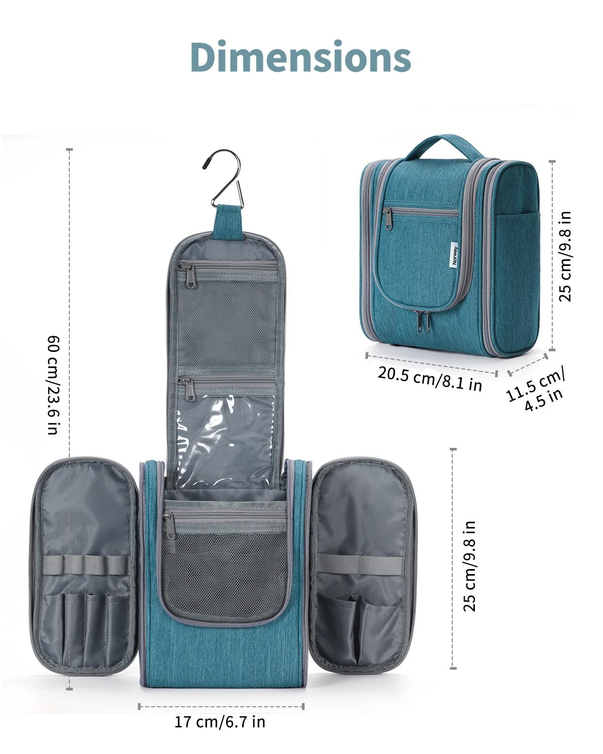 Narwey Medium Teal Hanging Travel Toiletry Bag – Compact Cosmetic Organizer for Women and Men
