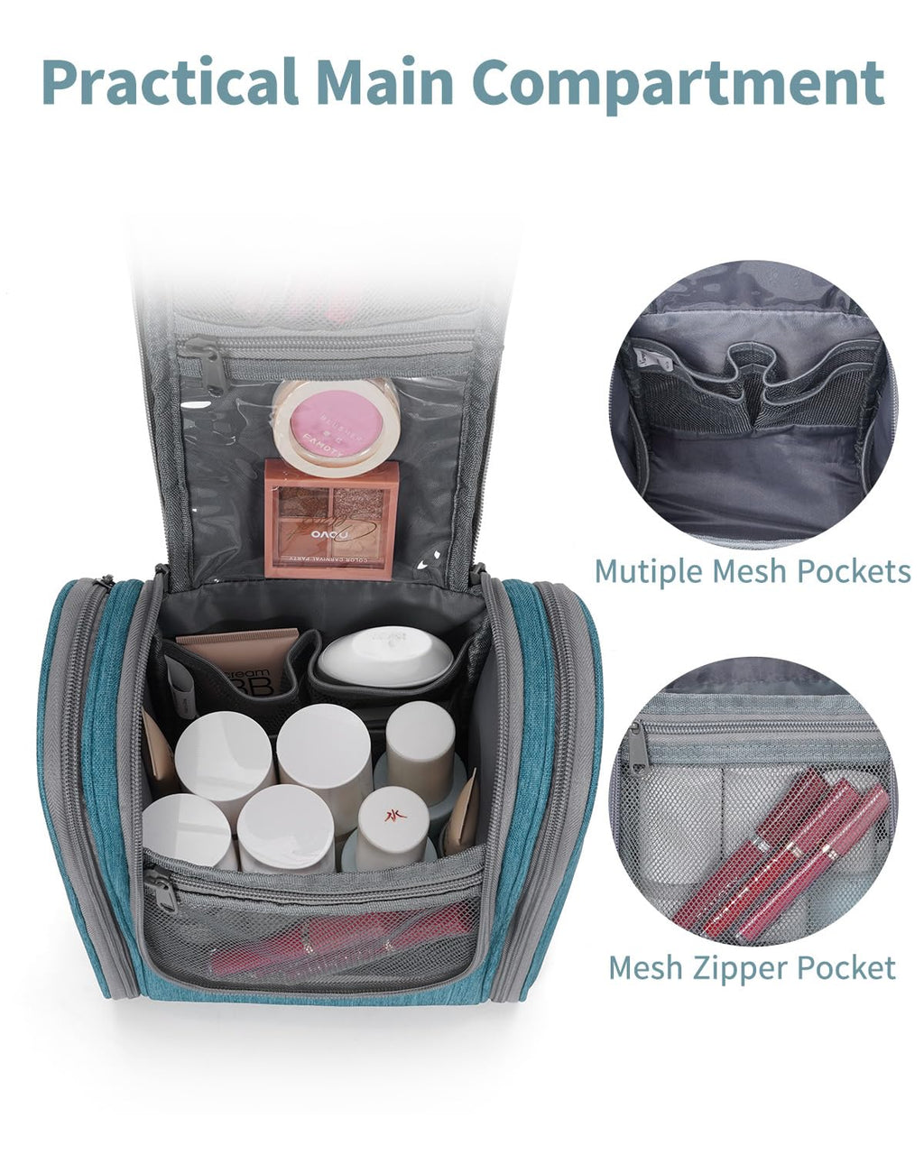 Narwey Medium Teal Hanging Travel Toiletry Bag – Compact Cosmetic Organizer for Women and Men