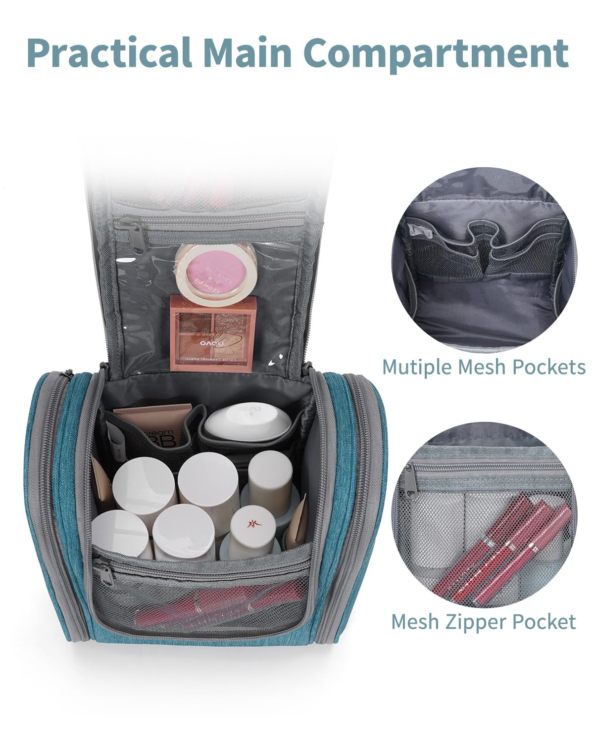 Narwey Medium Teal Hanging Travel Toiletry Bag – Compact Cosmetic Organizer for Women and Men