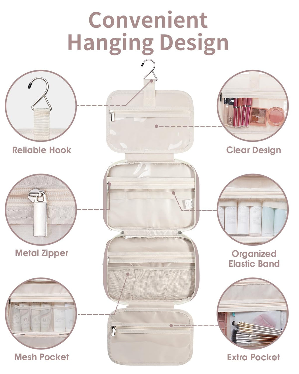 Narwey Travel Toiletry Bag for Women Large Dusty Rose – Hanging Organizer