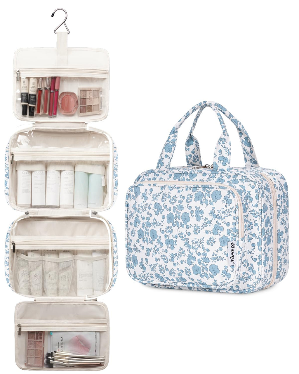 Narwey Travel Toiletry Bag Large Hanging Organizer – Little Blue Flower